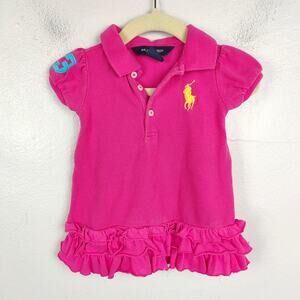 Ralph Lauren Polo Dress Baby Girls 9M Bright Pink Rugby Pique‎ Cotton Preppy